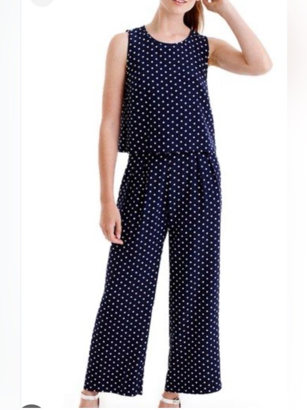 J. Crew Navy and White Polka Dot Sleeveless Jumpsuit with pockets